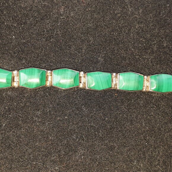 Beautiful Vintage Taxco Mexico 950 Solid Silver Natural Malachite Link Bracelet - Picture 4 of 12